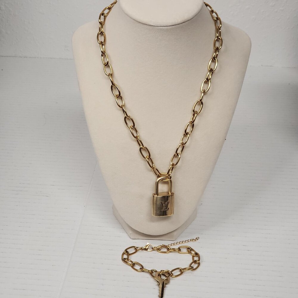 Authentic Louis Vuitton Padlock w/unbranded Stainless Steel Necklace & Bracelet